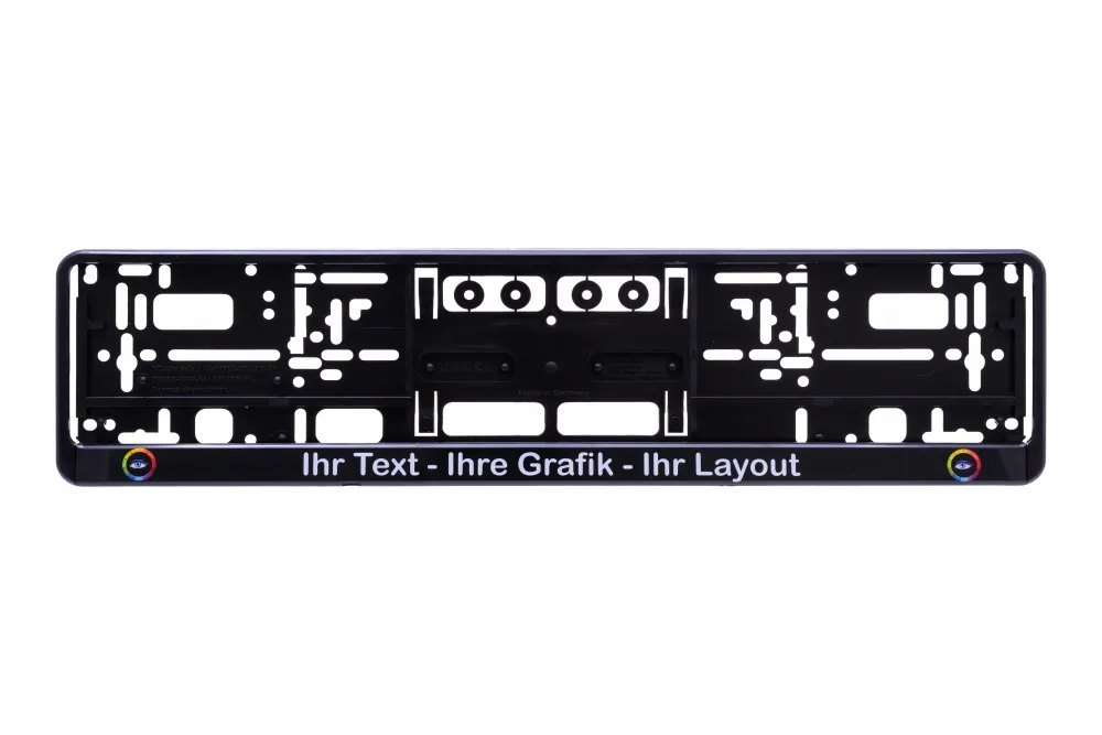 Kennzeichenhalter ERUSTAR Grundplatte mit Leiste schwarz 520 x 110 mm mit Werbedruck / Digitaldruck