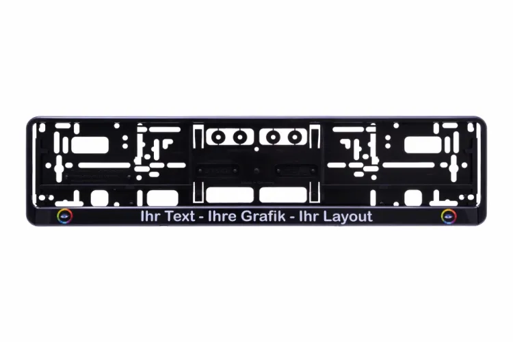 Kennzeichenhalter ERUSTAR Grundplatte mit Leiste schwarz 520 x 110 mm mit Werbedruck / Digitaldruck