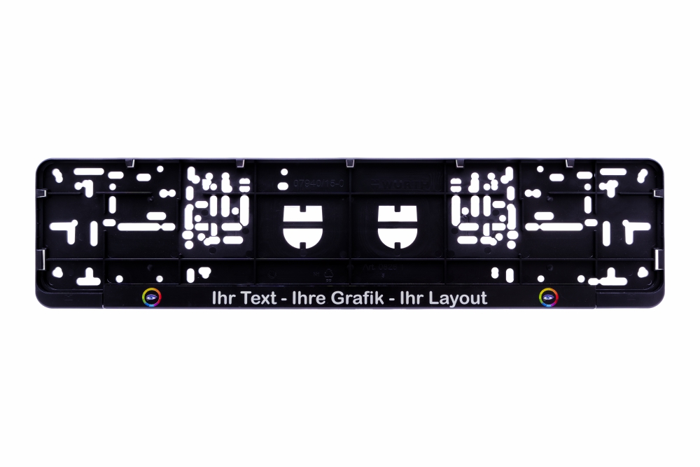 Kennzeichenhalter Würth Classic mit Leiste schwarz 520 x 110 mm mit Werbedruck / Digitaldruck